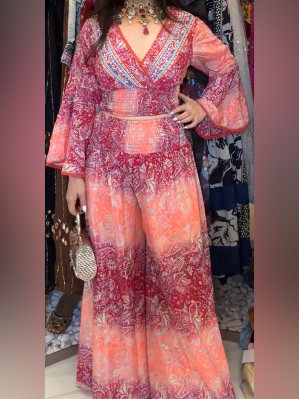 Nazila Couture Boho Paisley Two-Piece Pant Set in Burgundy & Coral Sz Small